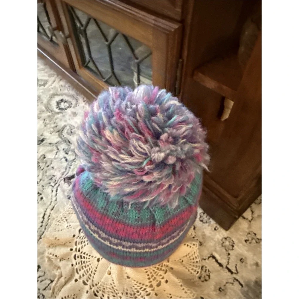 VTG Meister Winter Hat 100% Wool Pom Pom Beanie Lavender Cream Blue Yellow Pink